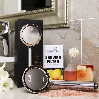 AS-Prestige Aroma Sense high pressure shower rose gold model in bathroom