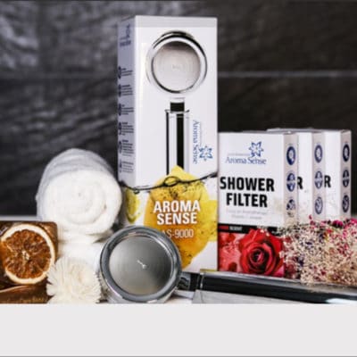 Aroma Sense AS-9000 high pressure shower head. Filters limescale and rust. Aromatherapy and Vitamin C treats your drying skin.