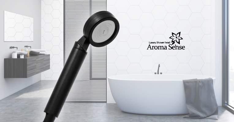 Aroma Sense AS-9000RB black shower in white bathroom