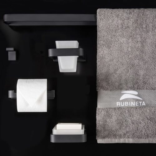 EDELA Rubineta black bathroom furniture. Products of brass and glass. Stylish towel rack, soap rack and towel hook.
