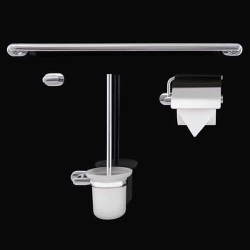 Bathroom accessory set Rubineta ESTE chrome contains 4 accessories for toilet space. Toilet brush, toilet paper rack with lid, towel hook and towel bar.