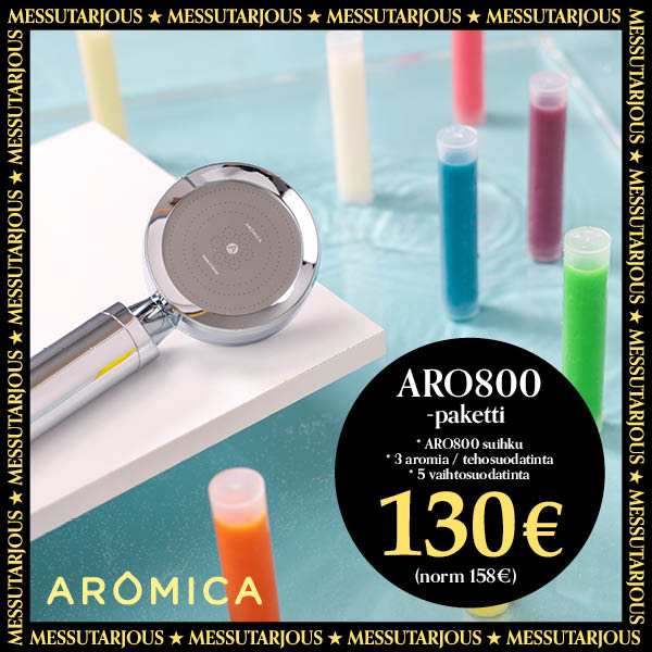 ARO800 suihku messupaketti sisältää Aromica suihkun, 6 suodatinta ja extra aromeita tai tehosuodattimia.