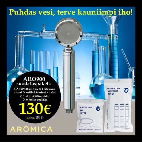 Aromica ARO900 suodatuspaketti sisältää tehosuodattimet ja aktiivihiilisuodattimen. Suodattimet poistaa tuoksut, klooria, rautaa, ruostetta ja muita epäpuhtauksia